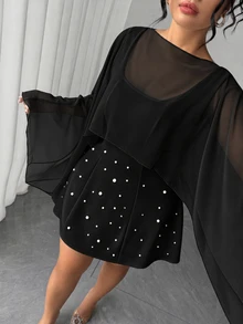 Elenzga Plus Size Women's Summer Shawl 2 In 1 White Pearl Decor Minimalist Elegant Dress Suitable For Date Birthday Party Photo - Black - View 3