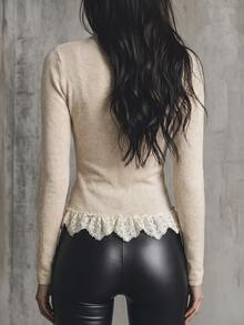 Sprig & Strand Women's Lace Patchwork Metal Decor Casual Daily Long Sleeve Sweater - White - View 2
