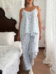 CottageSlumber Plus Size Women's Striped Floral Print Camisole Top, Long Pants And Long Sleeve Robe Pajama Set, Lace Trim Patchwork Design, All Season Sleepwear, Comfortable Homewear - Blue - View 5