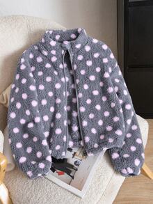 SHEIN 女童毛絨夾克，棕色底色配白色波點，復古俏皮風格。立領拉鍊短版設計，修身貼合。甜美酷感融合，適合多種場合，秋冬必備單品 - 灰色 - 查看 1