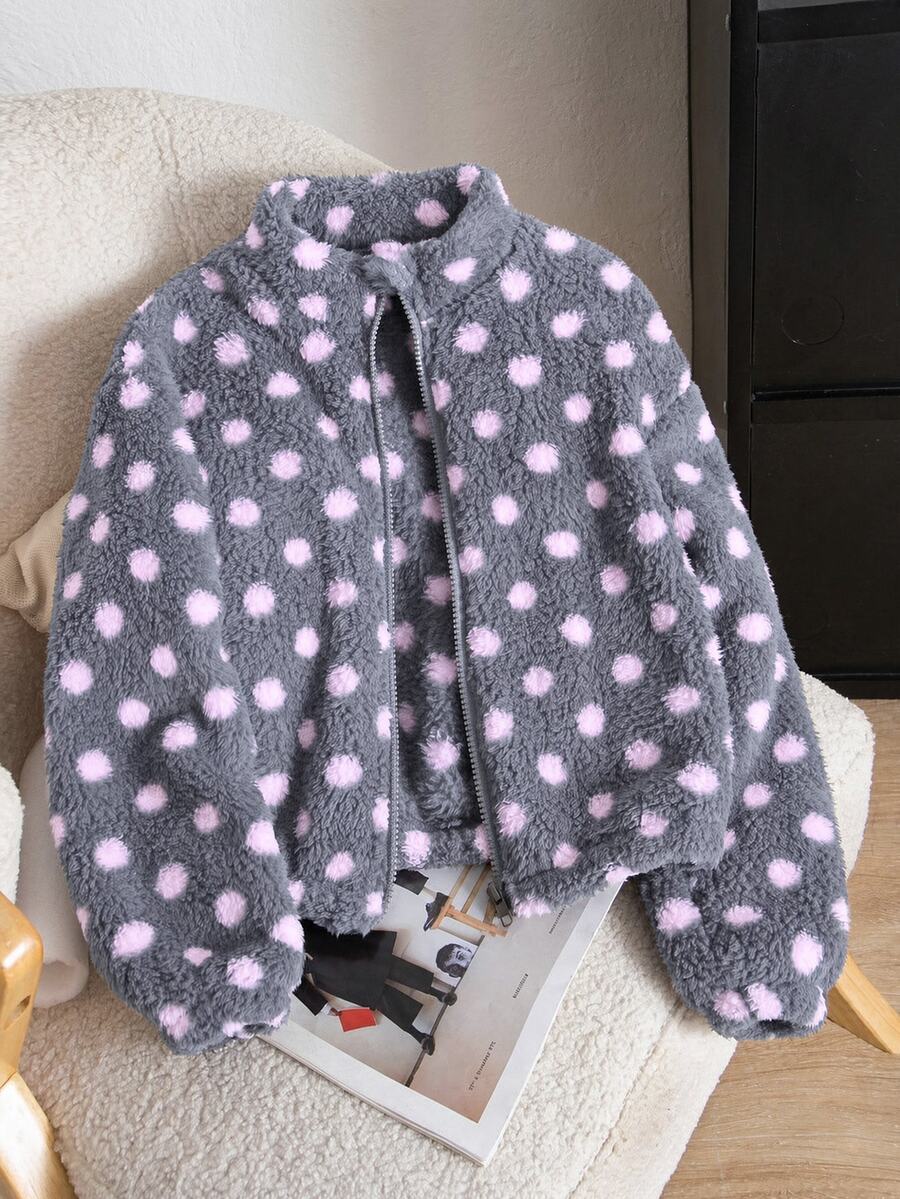 SHEIN 女童毛絨夾克,棕色底色配白色波點,復古俏皮風格。立領拉鍊短版設計,修身貼合。甜美酷感融合,適合多種場合,秋冬必備單品 - 灰色 - 查看 1