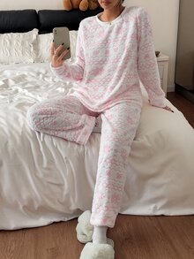Napfluff Women's Plush Fair Isle Snowflake Bow Cute Pullover Long Sleeve Pants Pajama Set - Pink - View 1