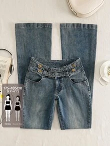 SHEIN Tall بنطلون جينز طويل بخصر منخفض بأسلوب قوطي عصري مع أزرار مغسول بقصة ضيقة وفتحة واسعة - أزرق داكن - مشاهدة 1