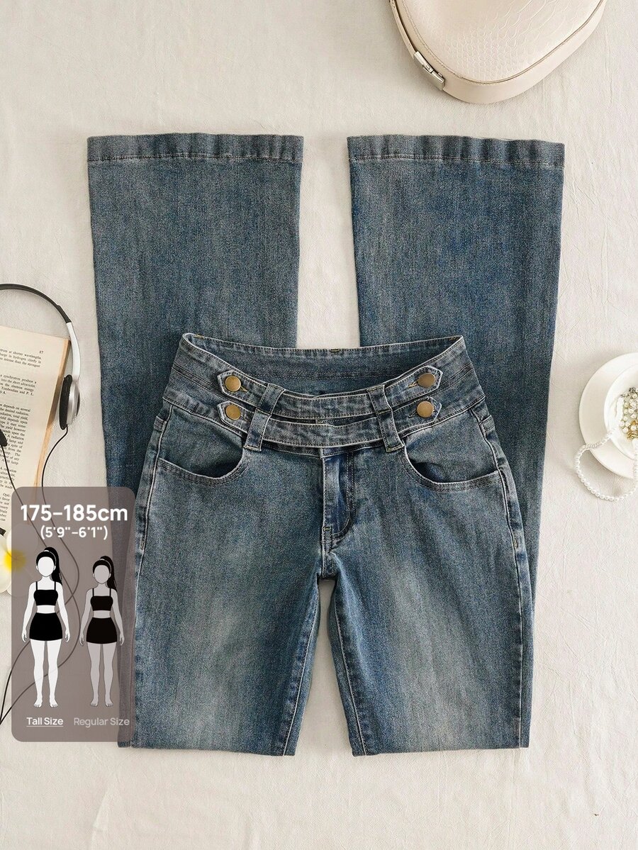 SHEIN Tall بنطلون جينز طويل بخصر منخفض بأسلوب قوطي عصري مع أزرار مغسول بقصة ضيقة وفتحة واسعة - أزرق داكن - مشاهدة 1