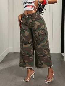 SHEIN Tall Women's Camouflage Print Cargo Pocket Raw Hem Wide Leg Washed Denim Jeans - Multicolor - View 5