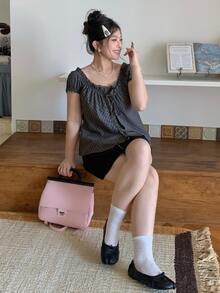 Dazy Plus Square Neck Pleated Puff Short Sleeve Grey Plaid Tie Waist Sweet Style Blouse - Dark Grey - View 6