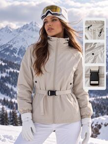 SHEIN BASICS جاكيت سوفت شيل نسائي بأكمام راجلان وسحاب أمامي للاستخدام الخارجي - بيج - مشاهدة 1