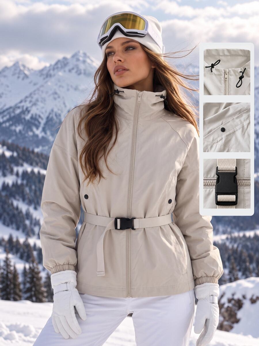 SHEIN BASICS جاكيت سوفت شيل نسائي بأكمام راجلان وسحاب أمامي للاستخدام الخارجي - بيج - مشاهدة 1