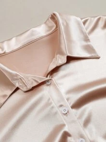 Cravure Plus Size Women's Autumn/Winter Cinched Waist Ruched Curved Hem Satin Fabric Elegant Commuter Blouse - Apricot - View 6