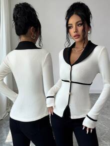 Elenzga French Style Black & White Colorblock Blazer Lapel Fuzzy Ribbed Single-Breasted Gold Button Cinched Cinched Waist Long Sleeve Top - Black and White - View 1