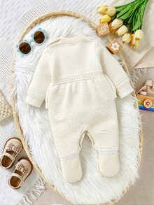 SHEIN Baby Girls' Soft Yellow Knitted Jumpsuit,Autumn Cute Bow & Ruffle Trim Soft Comfortable Romper For Matching Family,Daily Outings Travel Fall Winter - Beige - View 2