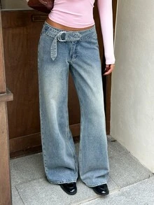Rivivi Celana Jeans Denim Wanita Kasual Serbaguna untuk Sehari-hari dengan Potongan Lebar - Dark Wash - View 6
