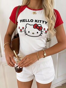 CovetEZ HELLO KITTY AND FRIENDS | SHEIN 女款卡通印花拼色短袖T恤 街頭度假風 - 白色 - 查看 1