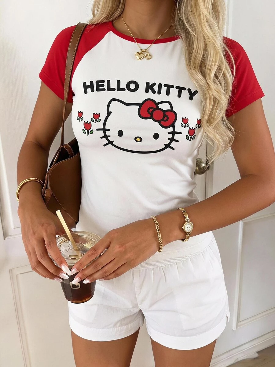 CovetEZ HELLO KITTY AND FRIENDS | SHEIN 女款卡通印花拼色短袖T恤 街頭度假風 - 白色 - 查看 1