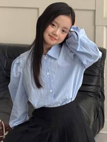 DAZY Tween Girl Solid Color Long Sleeve Single-Breasted Casual Shirt - Blue - View 1