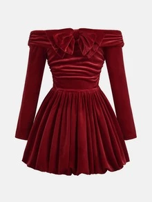 Pitira Tween Girl Knitted Cherry Off-Shoulder Long Sleeve Tulip Hem Elegant Dress - Red - View 4