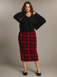 Freevana 紅黑格紋女款兩件套，V領保暖內裡上衣搭配長款格紋洋裝，復古通勤穿搭，適合秋冬聖誕居家與外出穿著 - 紅色 - 查看 1