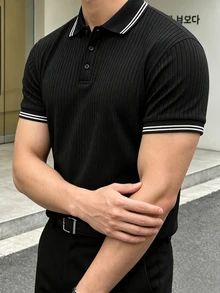 JOLTRO 男士條紋短袖休閒通勤 Polo 衫 - 黑色 - 查看 1
