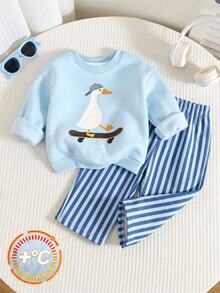 Baby Boy Crew Neck Sweatshirt + Bolty Wide Leg Pants, Cartoon Pattern, Suitable For Autumn/Winter - Multicolor - View 5