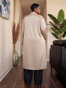 Slaydiva Elegant Commute & Date Champagne Satin Lapel Loose Long Shirt Plus Size Fall - Apricot - View 5