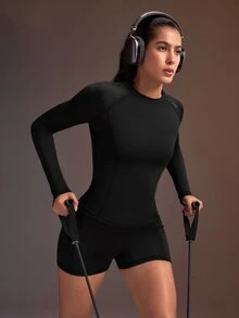 Powerista Women's Long Sleeve Top And Shorts Casual Daily Sports Set - Black - View 1