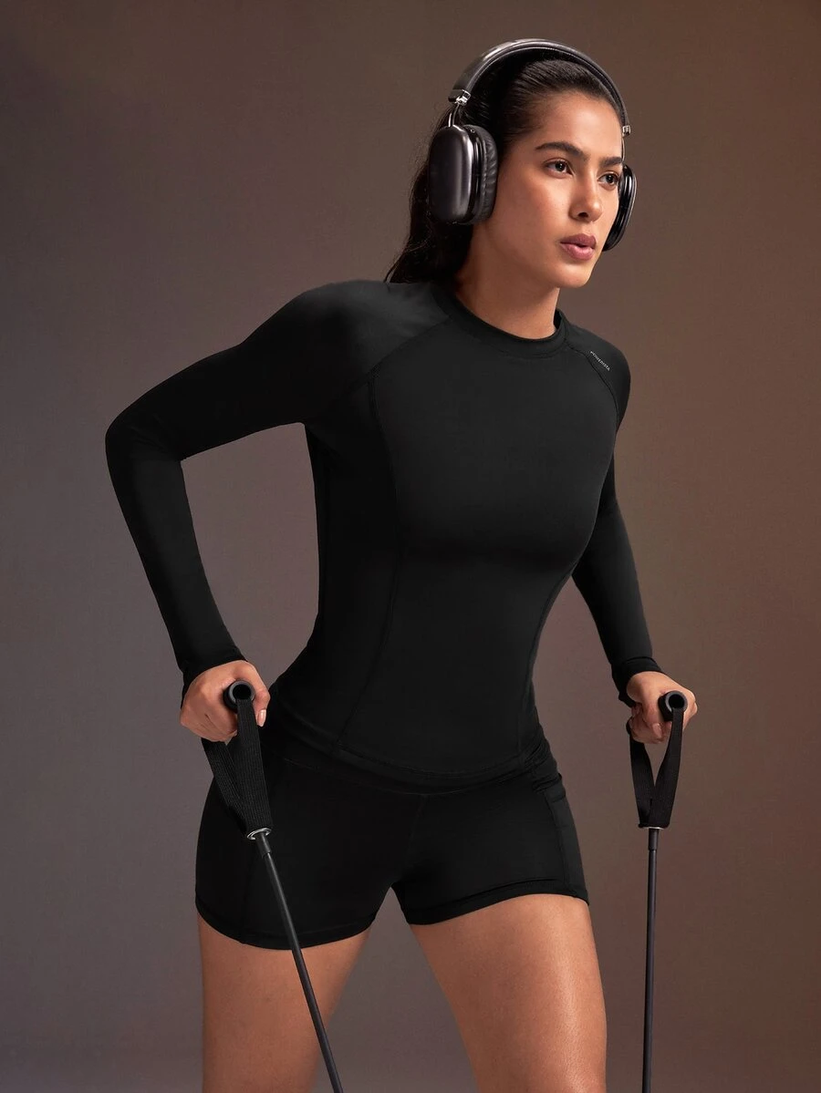 Powerista Women's Long Sleeve Top And Shorts Casual Daily Sports Set - Black - View 1