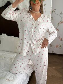 CottageSlumber Plus Size Women's Fine Ribbed Red Bow Cardigan Button Loungewear Set - White - View 10