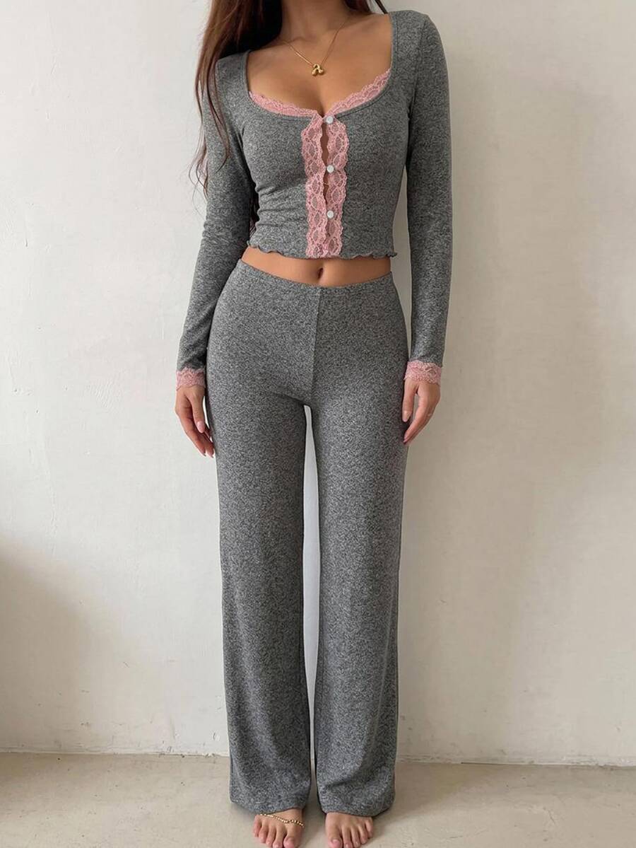 DAZY 2pcs Lace Patchwork Slim Fit Long Sleeve Cardigan Top & Pants Women's Pajama Set - Grey - View 1
