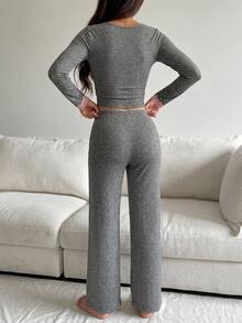 DAZY 2pcs Lace Patchwork Slim Fit Long Sleeve Cardigan Top & Pants Women's Pajama Set - Grey - View 2