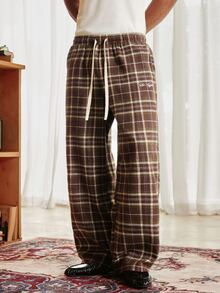 SWAVVY Men's Plaid Drawstring Waist Wide Leg Loose Fit Long Pants - Coffee Brown - View 4