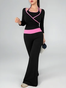 DAZY Women's Striped Colorblock Top And Pants Sports Set - Black - View 6