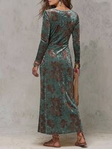 Solivie Women's Autumn V-Neck Green Velvet Printed Dress - Green - View 2