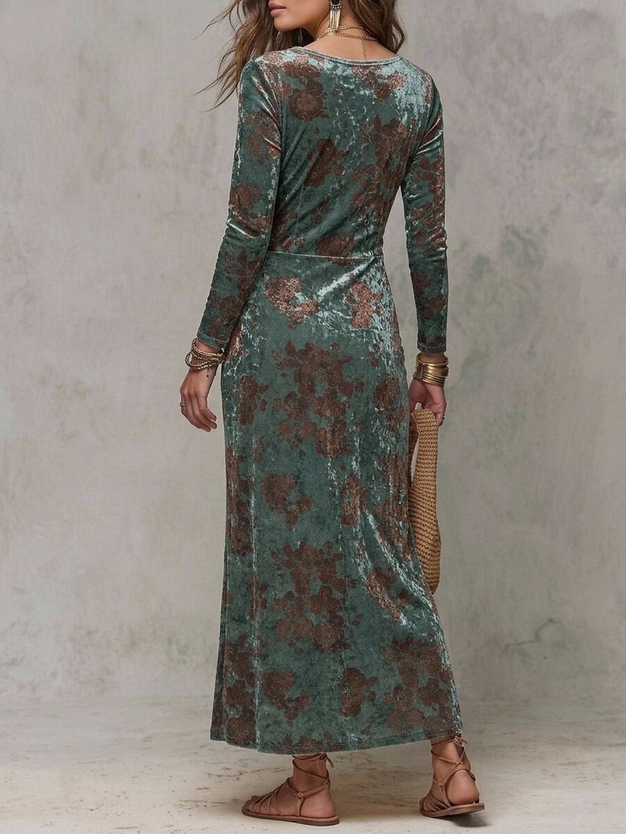 Solivie Women's Autumn V-Neck Green Velvet Printed Dress - Green - View 1