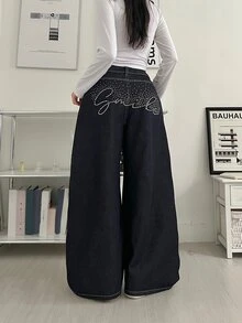 DAZY Women's Loose Straight Leg Casual Jeans With Letter Rhinestone Decor - Dark Wash - View 5