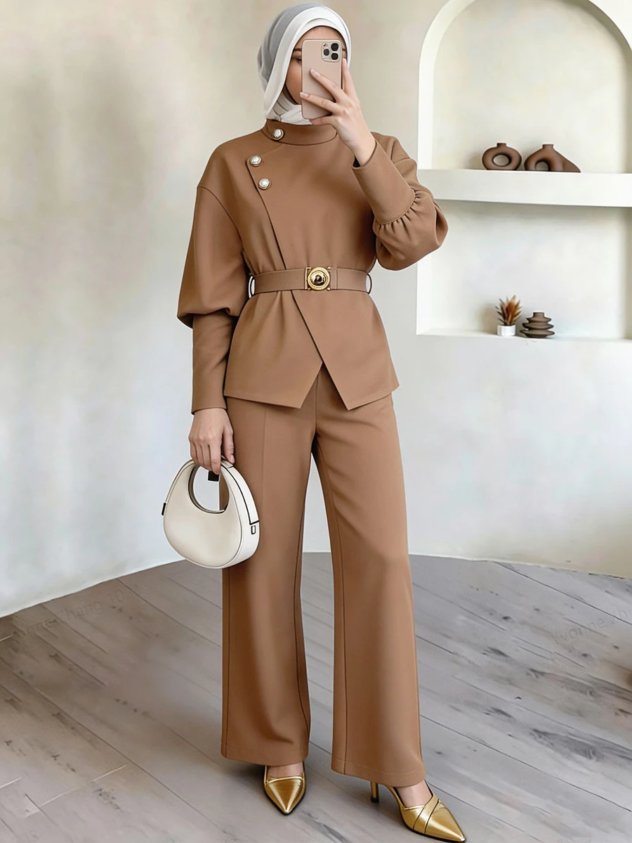 Celisse Women's Autumn/Winter Elegant Commute Metal Buckle Decor Shirt And Long Pants 2 Pieces Set - Camel - View 1