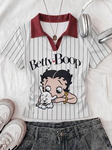Attitoon Betty Boop x SHEIN 女款 Betty 聯名印花圖案 T 恤，適合外出、街頭穿搭、機場造型、時尚、返校、Y2K、派對、海灘度假、節日 - 彩色 - 查看 1