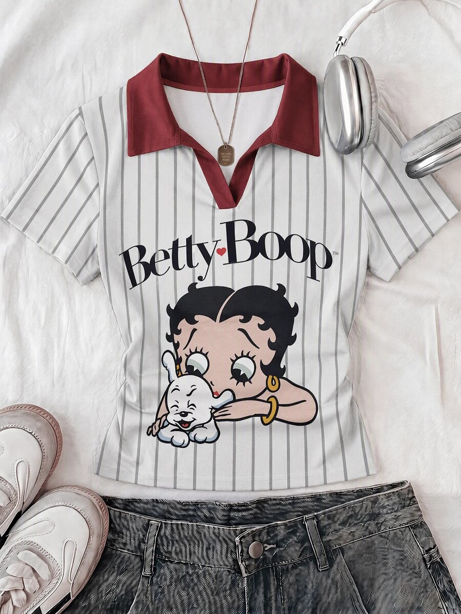 Attitoon Betty Boop x SHEIN 女款 Betty 聯名印花圖案 T 恤，適合外出、街頭穿搭、機場造型、時尚、返校、Y2K、派對、海灘度假、節日 - 彩色 - 查看 1