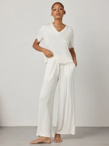 Ocili Women's Solid Color Minimalist Daily V-Neck Comfortable Soft Lace Short Sleeve Drawstring Long Pants Pajama Set - White - View 2