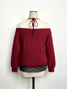 Sunspun Plus Size Contrast Lace Square Neck Tie-Front Long Sleeve Sweatshirt - Burgundy - View 2