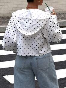 Muchica Plus Size Women's Polka Dot Print Long Sleeve Casual Hooded Jacket Fall - Multicolor - View 2
