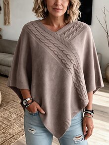 Sprig & Strand Women's Soft Elegant Autumn/Winter Diagonal Cable Knit Shawl, V-Neck Cape Style Asymmetrical Hem, Versatile Layering Outerwear For Daily Commute And Dating - Mocha Brown - View 6