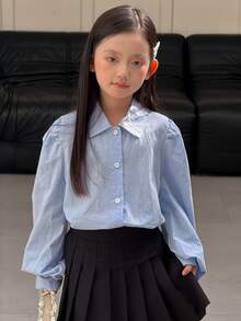 DAZY Tween Girl Solid Color Long Sleeve Single-Breasted Casual Shirt - Blue - View 4