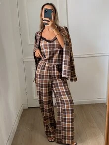 DAZY Women's Plaid Long Sleeve Top, Camisole And Pants Pajama Set - Coffee Brown - View 6