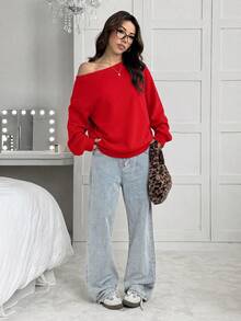 SHEIN EZwear 女款寬鬆不對稱肩領保暖內裡紅色運動衫，秋冬款 - 紅色 - 查看 3