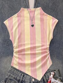 青少年女孩針織紋理修身短版背心上衣 休閒 Y2K 可愛穿搭 抓皺不對稱領口 - 白色 - 查看 5