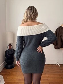 Vionelle Plus Size Colorblock Cold Shoulder Bow Decor Cable Knit Long Sleeve Short Knit Dress, Autumn/Winter - Grey - View 2