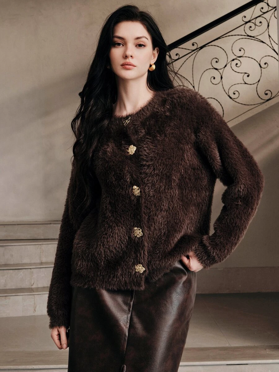 Anewsta Women's Brown Plush Comfortable Knit Cardigan Sweater For Autumn - Burgundy - View 1