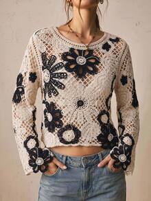 Freevana Women's Floral Pattern Casual Everyday Long Sleeve Sweater - Black and White - View 5
