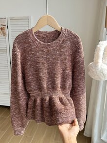 SHEIN 女童棕色針織長袖毛衣，秋冬服飾，韓風新款優雅百搭修身收腰荷葉邊短版毛衣，時尚公主風，適合校園、派對、日常穿著、感恩節 - 棕色 - 查看 1