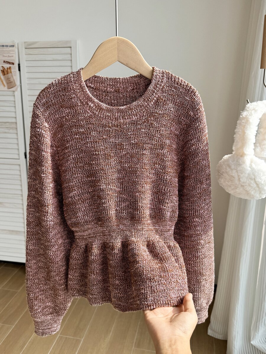 SHEIN 女童棕色針織長袖毛衣，秋冬服飾，韓風新款優雅百搭修身收腰荷葉邊短版毛衣，時尚公主風，適合校園、派對、日常穿著、感恩節 - 棕色 - 查看 1